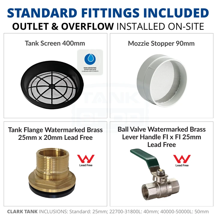 Clark Tanks standard fittings including 400mm inlet screen, 90mm overflow screen, lead-free brass tank flange and ball valve