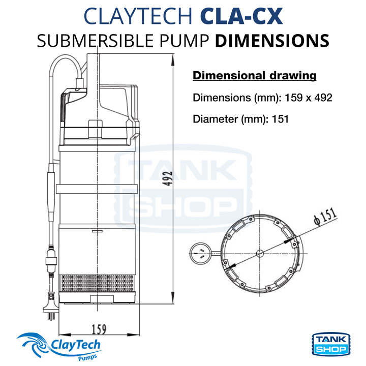 ClayTech CLA-CX Submersible Pump - Dimensions