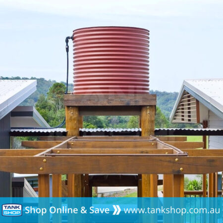 Colorbond steel rainwater tank on tank stand for gravity feeding water to house