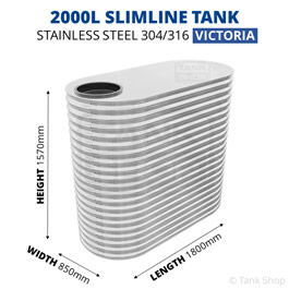2000 Litre Slimline Stainless Steel Water Tank (Victoria) - 850x1800x1570mm
