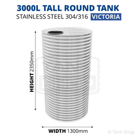 3000 Litre Round Stainless Steel Water Tank (Victoria) - 1300x2350mm