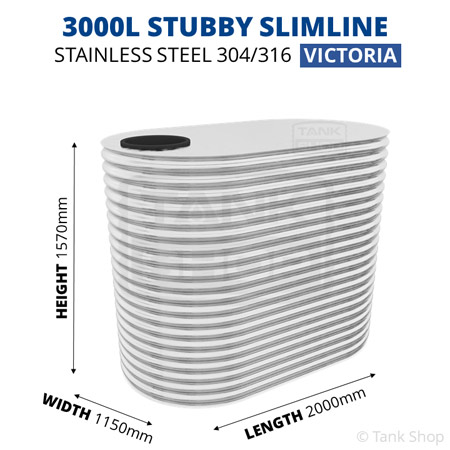 3000 Litre Stubby Slimline Stainless Steel Water Tank (Victoria)