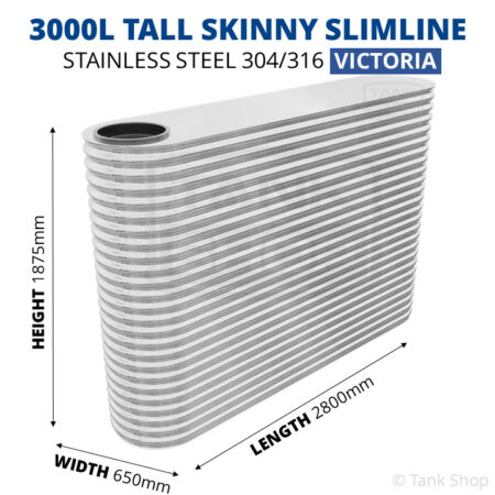 3000 Litre Slimline Stainless Steel Water Tank (Victoria) - 650x2800x1875mm