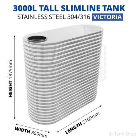 3000 Litre Slimline Stainless Steel Water Tank (Victoria) - 850x2100x1875mm