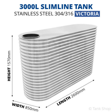 3000 Litre Slimline Stainless Steel Water Tank (Victoria) - 850x2600x1570mm