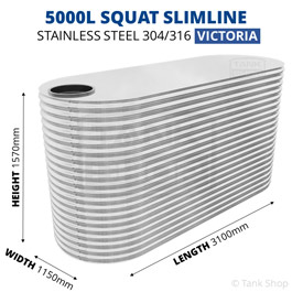 5000 Litre Slimline Stainless Steel Water Tank (Victoria) - 1150x3100x1570mm