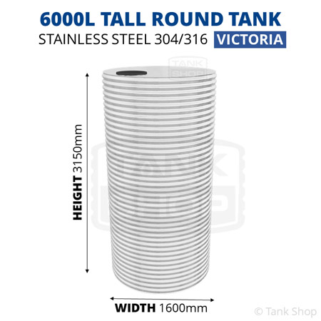 6000 Litre Tall Round Stainless Steel Water Tank (Victoria)