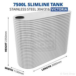 7500 Litre Slimline Stainless Steel Water Tank (Victoria) - 1150x3000x2350mm