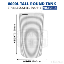 8000 Litre Tall Round Stainless Steel Water Tank (Victoria)
