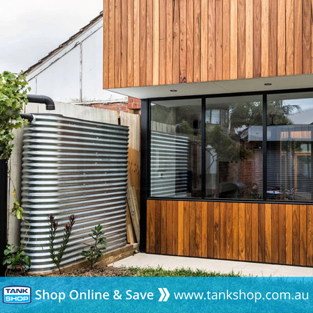 Thin galvanised steel slimline tank in modern home garden